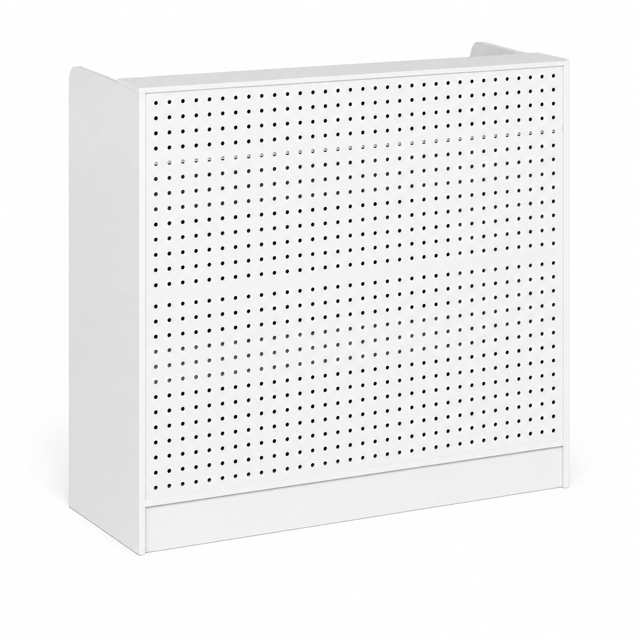Mostrador de Recepción Blanco 120cm con Panel Perforado – Caja Registradora con 3 Estantes Ajustables, 2 Cajones con Llave, Puerta y Almacenaje – Mostrador para Tienda, Salón, Oficina, 120×110×50cm