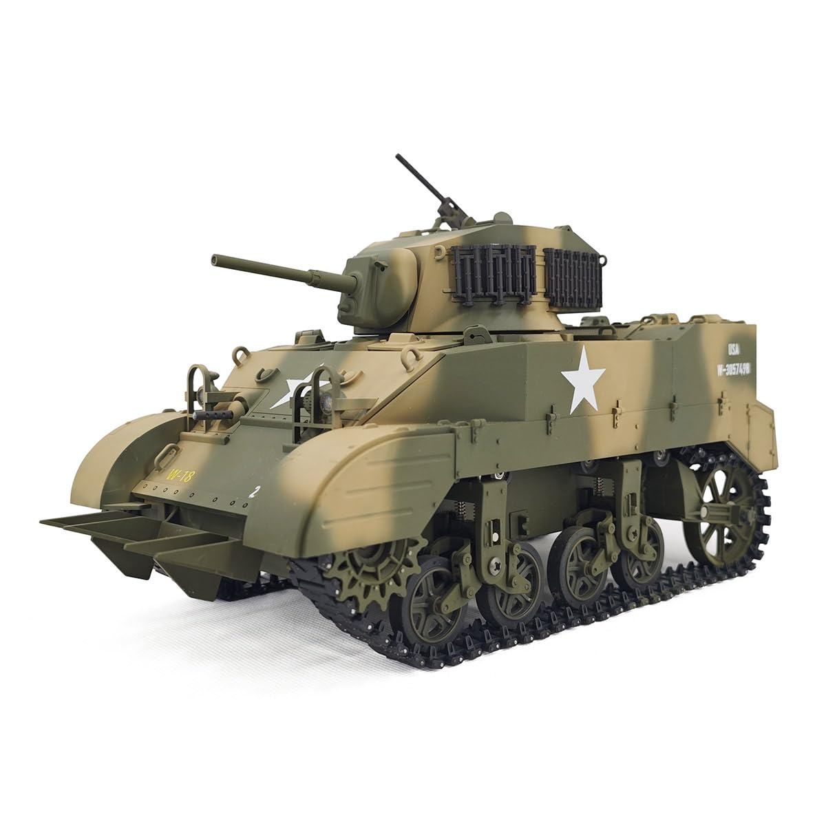 Skala 1/16 US M5A1 Stuart Light RC czołg z pilotem zdalnego sterowania 2,4 G i efektami dźwiękowymi i świetlnymi oraz teleskopowym układem wydechowym, prezent dla wojskowych miłośników RC