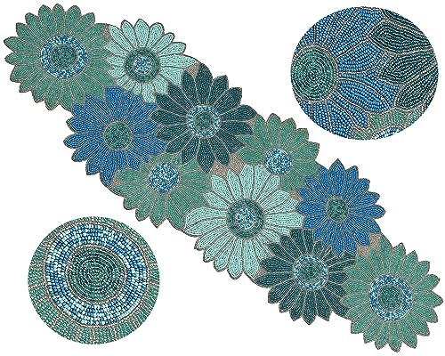 Handmade Farmhouse Floral Embroidery Beaded Table Runner For Tableptop In Teal/Turquoise/Aqua Colour - Home Decor Mat For Wedding Party Baby Shower Family Gathering - Pack Of 1 Measure 13 X 36 Inches #TOP9