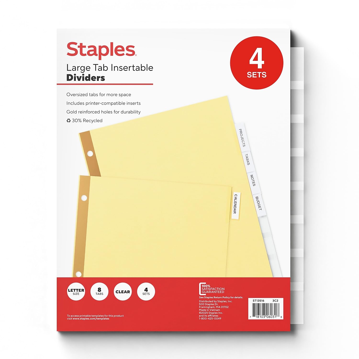 Staples 8-Tab Large Insertable Print-On Dividers for 3-Ring Binders, Letter Size 8.5 x 11 Inch, Yellow/Clear, 4-Sets