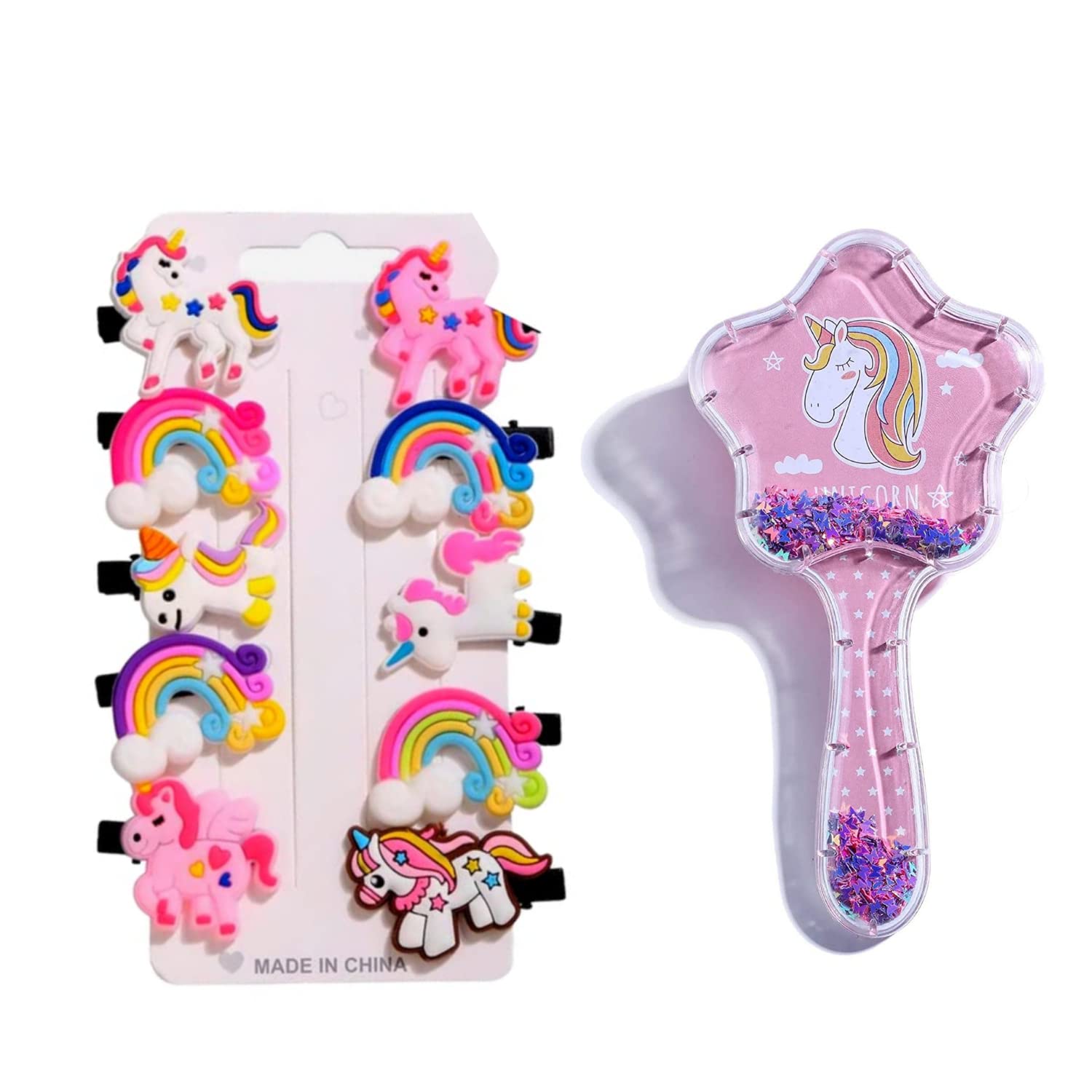 Taufa Villa Unicorn Star Comb & Unicorn Clips (10 pcs) combo Cute & Detangler Paddle Cushion Antistatic Hair Loss Massage Hairbrush 3D Unicorn Kids Hair Brush/Hair Comb