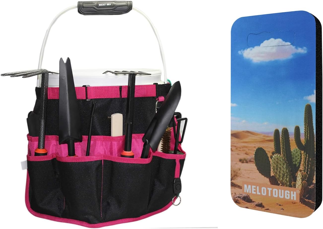 MELOTOUGH Bucket Caddy Organizer Bucket Tool Organizer for Garden Tools Fit 3.5 to 5 Gallon Bucket, Garden Kneeling Pad, 1" Thick Soft NBR Foam Kneeling Pads for Gardening, Cleaning, Work