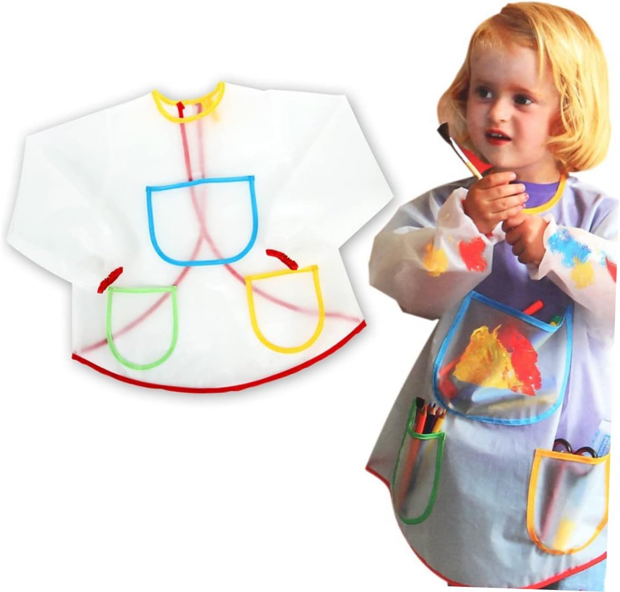 VOSAREA Long Sleeved Smock Apron for Painting Easy Wear Hook Loop Design Three Pockets for Art Supplies for Boys Craft Activities