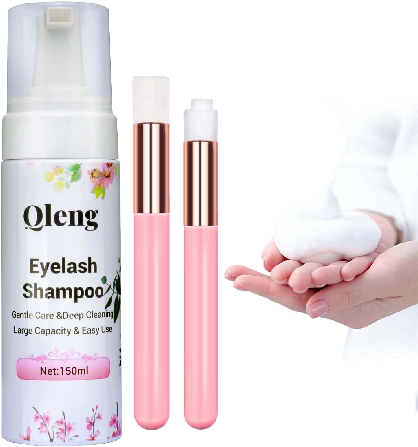 Qleng Eyelash Extension Cleanser 150ml Lash Shampoo with Two Brushes Eyelid Eye Lash Wash Foaming Bath Makeup Remover Cleaning Kit For Professional Salon Home Self Use