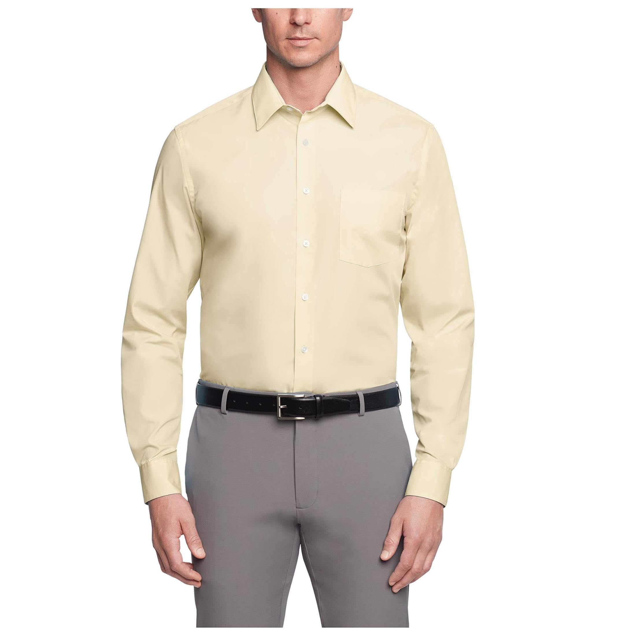 Van Heusen Men's Poplin Regular Fit Solid Point Collar Dress Shirt, Lemon Glaze, 17" Neck 32"-33" Sleeve