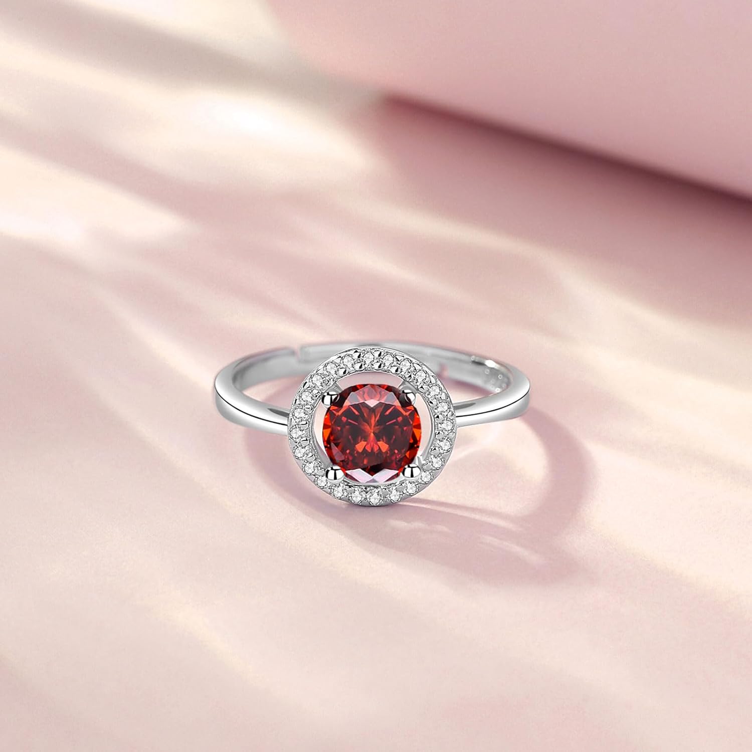 INFUSEU January Birthstone Ring Red Stone Garnet Women Sterling Silver 925 Fashion Crystal Jewelry Gift Adjustable 7 6 8 Stackable Stacking Birthday Valentines Mothers Day - Image 3
