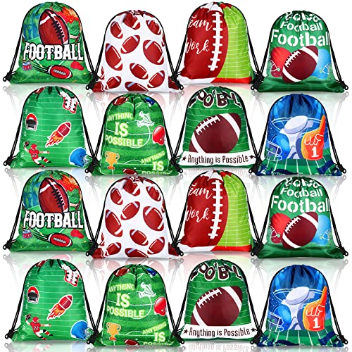 Woanger 16 Pcs Football Party Favors Bags Drawstring Football Gift Bags Fabric Football Print Candy Goodie Snacks Treat Bags for Sports Football Theme Birthday Party Supplies