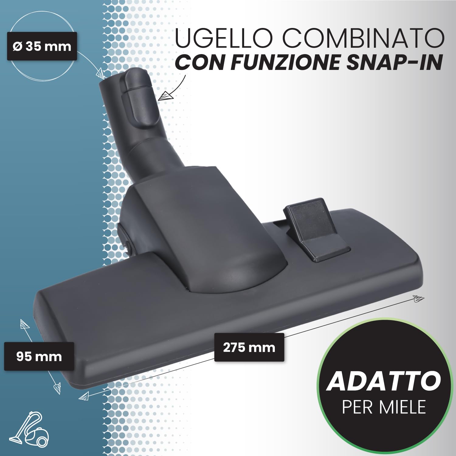 McFilter I Bocchetta combinata per pavimenti adatta per aspirapolvere Miele serie C1, C2, C3, S8000, S2, S3, S4, S5, S6, completo, compatto, classico, 35 mm, commutabile e funzione di parcheggio