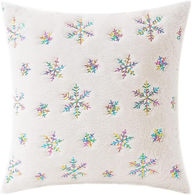 Fouriding Christmas Snowflake Cushion Covers,Colorful Snowflake Plush Embroidery Pillowcase 18 x18 Inch Christmas Square Pillow Cases for Sofa Couch Christmas Decorations