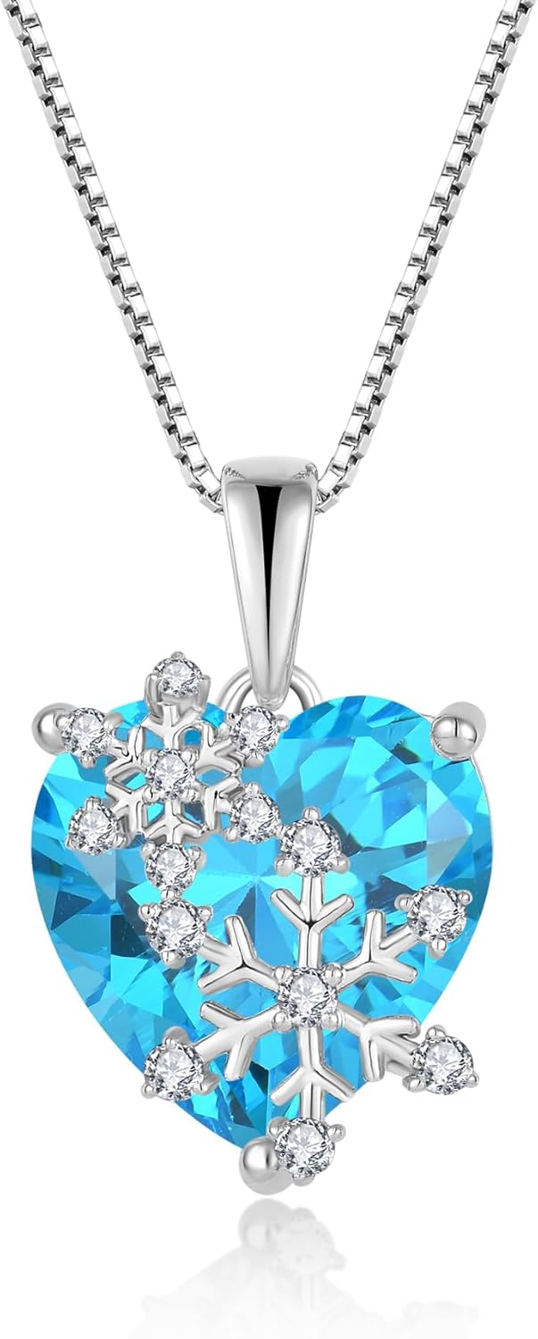 Snowflake Necklace for Women 925 Sterling Silver Heart Birthstone(White/Aquamarine/Sapphire/Pink) Pendant Necklaces Cubic Zirconia Winter Christmas Jewelry