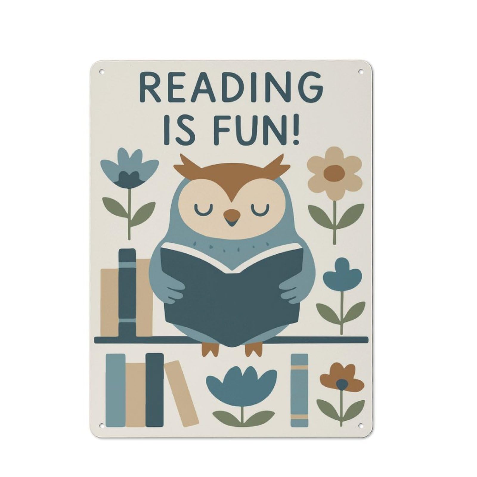 Junmoney Style-11 Cafe Style Decorative Metal Plaque 40X30cm Featuring Reading Is Fun Owl Illustration, Bistro Wall Plaque For Tea Room, Shop Wall Or Breakfast Area