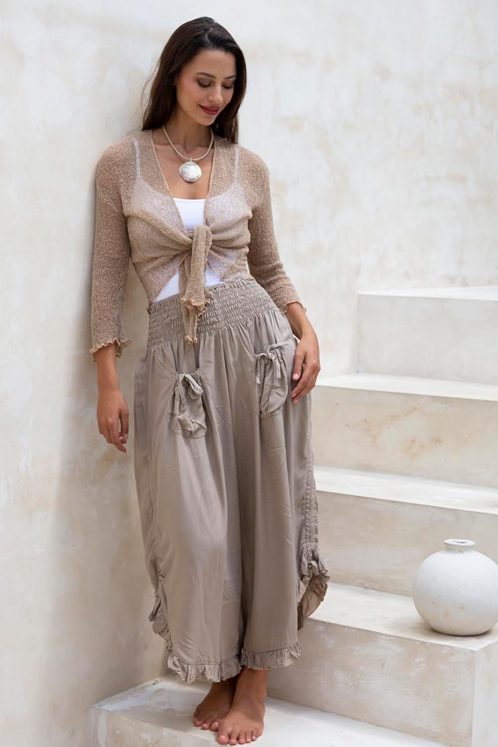 Back From Bali Womens Cropped Wide Leg Pants Trouser Comfort Solid Elastic Waist (S-4XL)