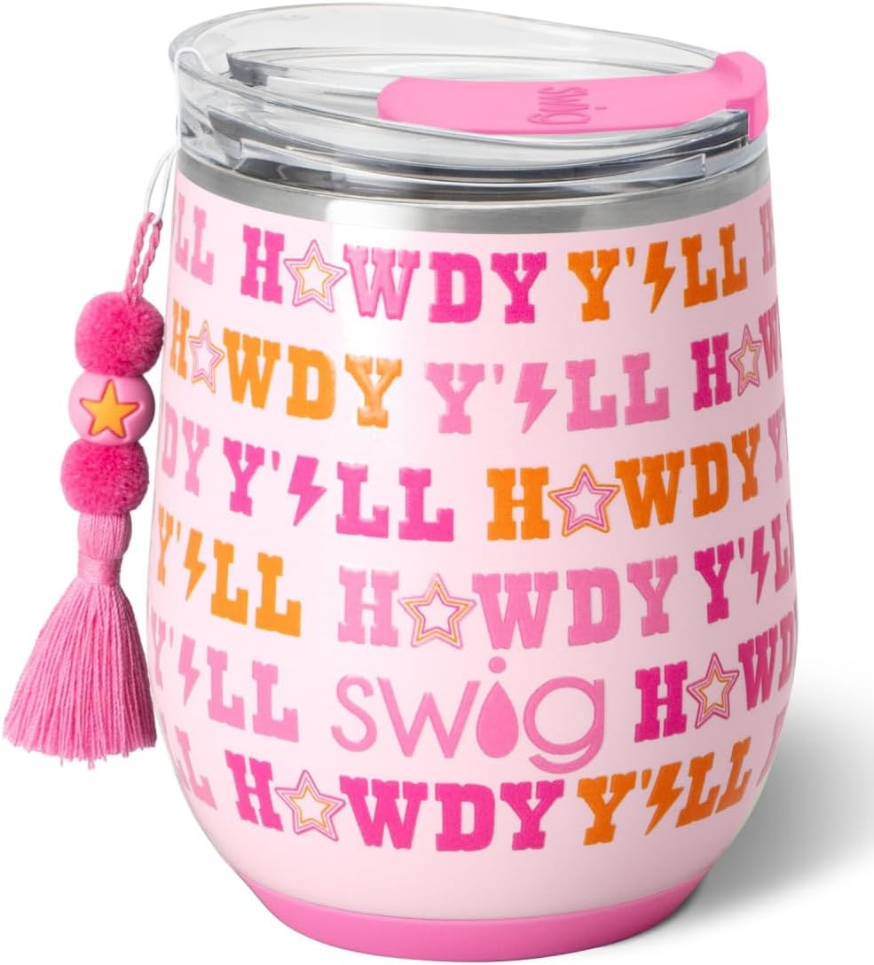 Swig Life 12oz Wine Tumbler with Lid, Stainless Steel, Dishwasher Safe, Portable, Triple Insulated Wine Tumbler (Howdy Yall)
