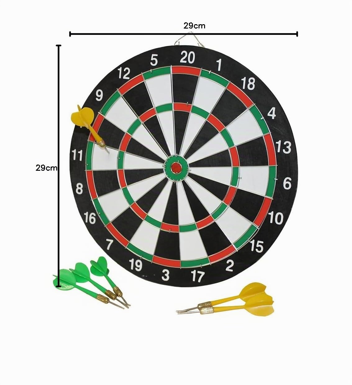 Idena 40375 - Diana para Colgar, Diana con 2 Caras, diámetro 29 cm, Incl. 6 Dardos en Verde y Amarillo e Instrucciones de Juego