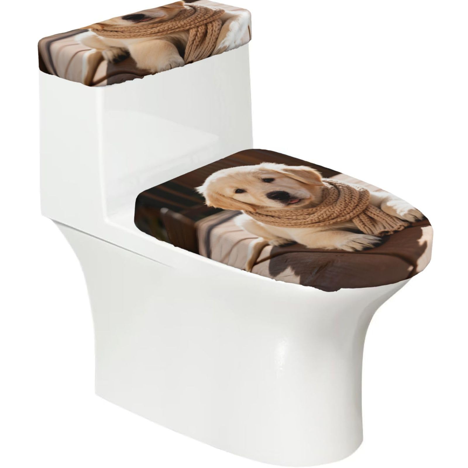 Golden Retriever Elastic Toilet Cover Set of 2-Stretchy Lid and Tank Covers for Bathroom, Soft Washable U Shape Toilet Decor