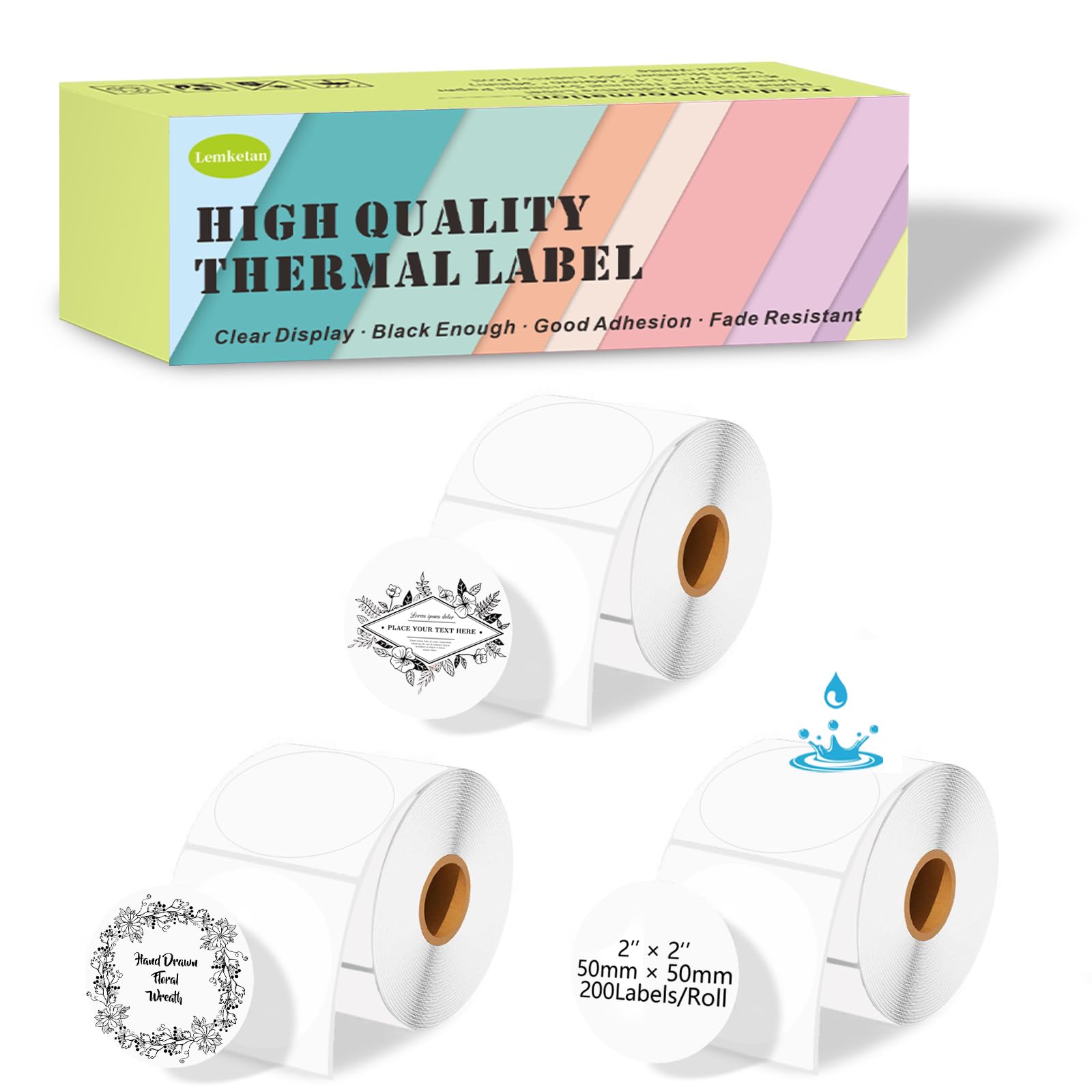 [200 Labels/Roll x 3] 50mm Circle Thermal Labels, 1.97 inch Round Label Maker Tape Refill, Weatherproof & Tear-Resistant Thermal Stickers for Phomemo