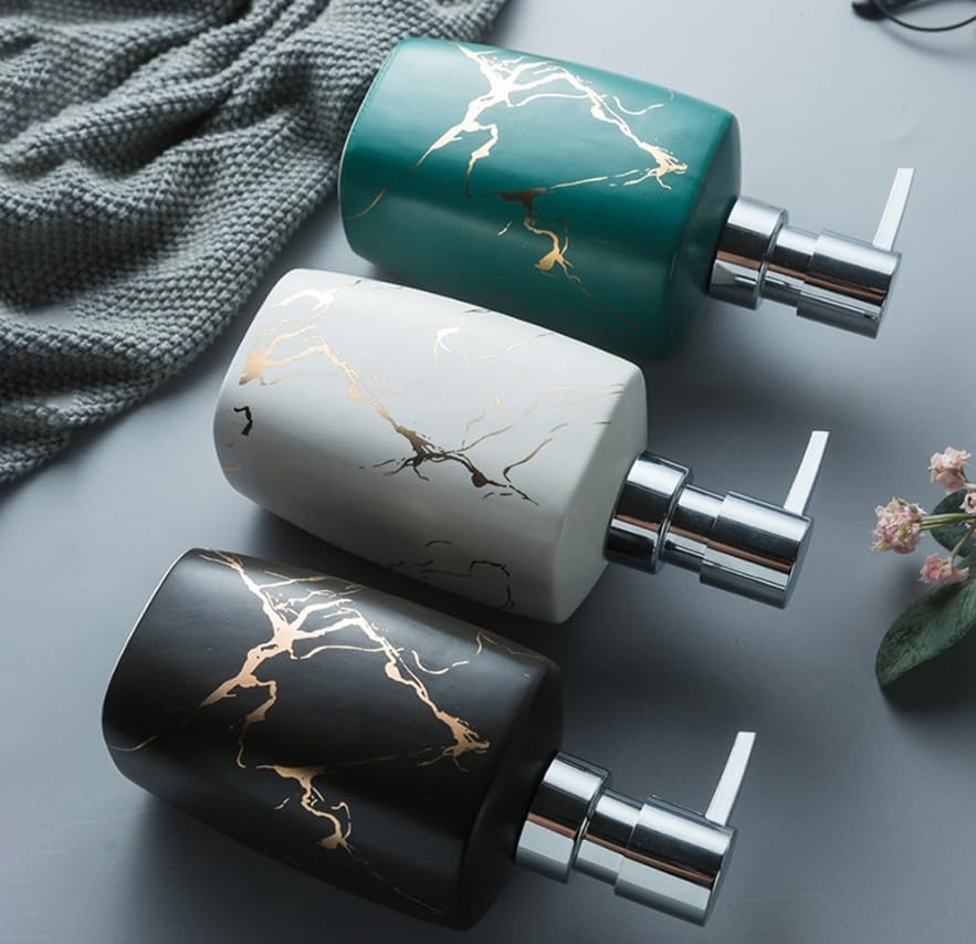 3 Pieces of Ceramic Soap Dispenser,Bathroom Accessories Set,Pump Bottle,Hand Wash Dispenser,Used for Bath Lotion,Shampoo,Lotion,etc.,Capacity 350ml (Green 7 * 17cm)