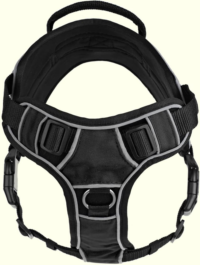 Dogline Quest No-Pull Dog Harness with 3D Rubber ESA Removable Patches Reflective Soft Comfortable Dog Vest with Quick Release Dual Buckles Black Hardware and Handle 15 to 18 inches Black