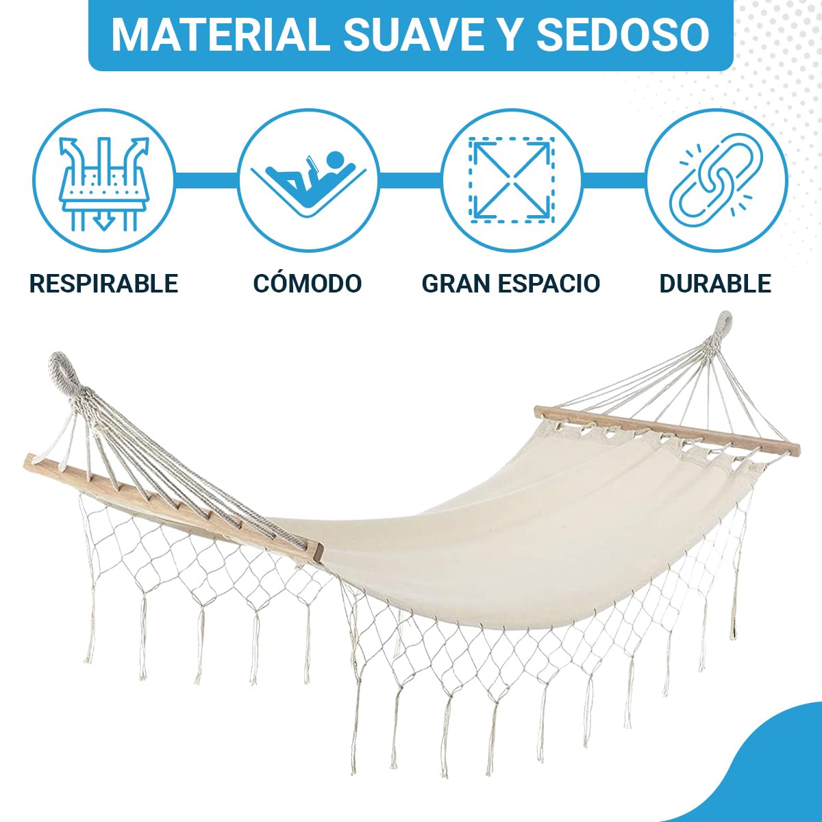 Fleau Goods Luxe Hamaca con Varilla - Elegante Franja - 100% Algodón - Cómodo - Incluye Material para Colgar y Bolsa de Transporte - 100 x 200 cm