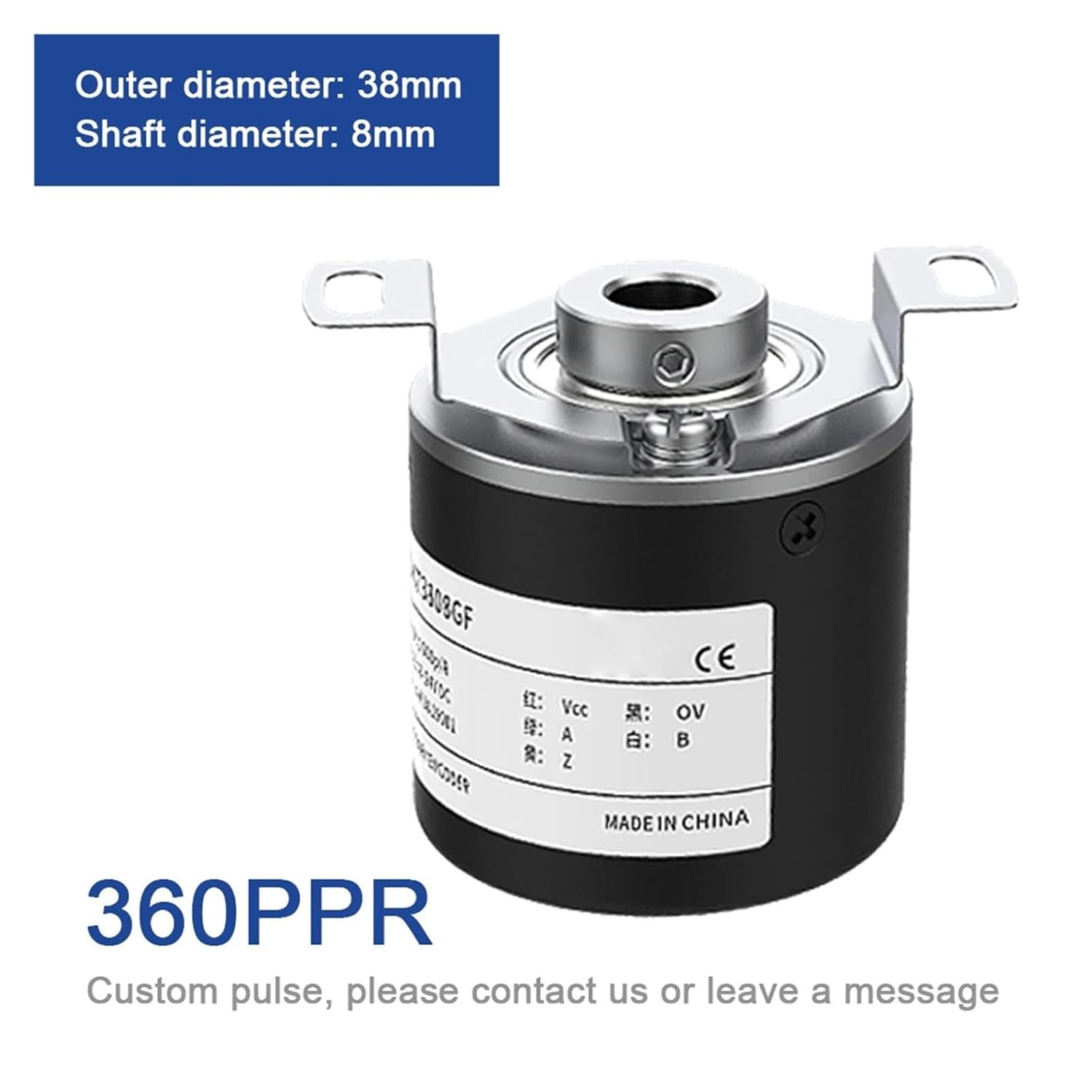 38mm Incremental Encoder 8mm Hollow Shaft Rotary Switch NPN Open Collector 10-1024-2500-3600 PPR 5-24VDC