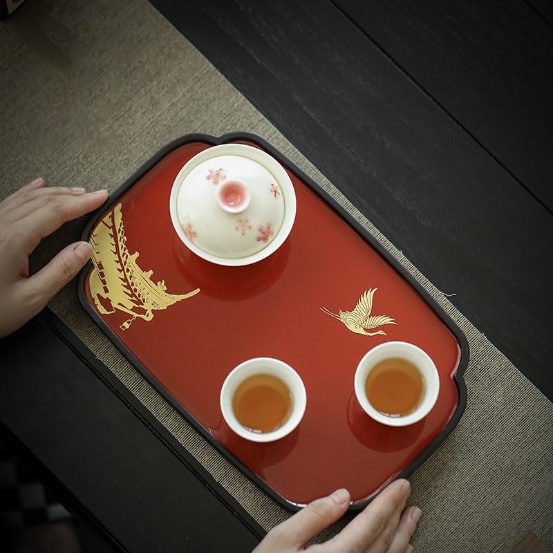 Bandeja de servir de madera maciza de estilo chino, bandeja decorativa pequeña del palacio Fenghong para té y ocasiones festivas, acabado de laca de imitación, perfecto para el hogar y regalos