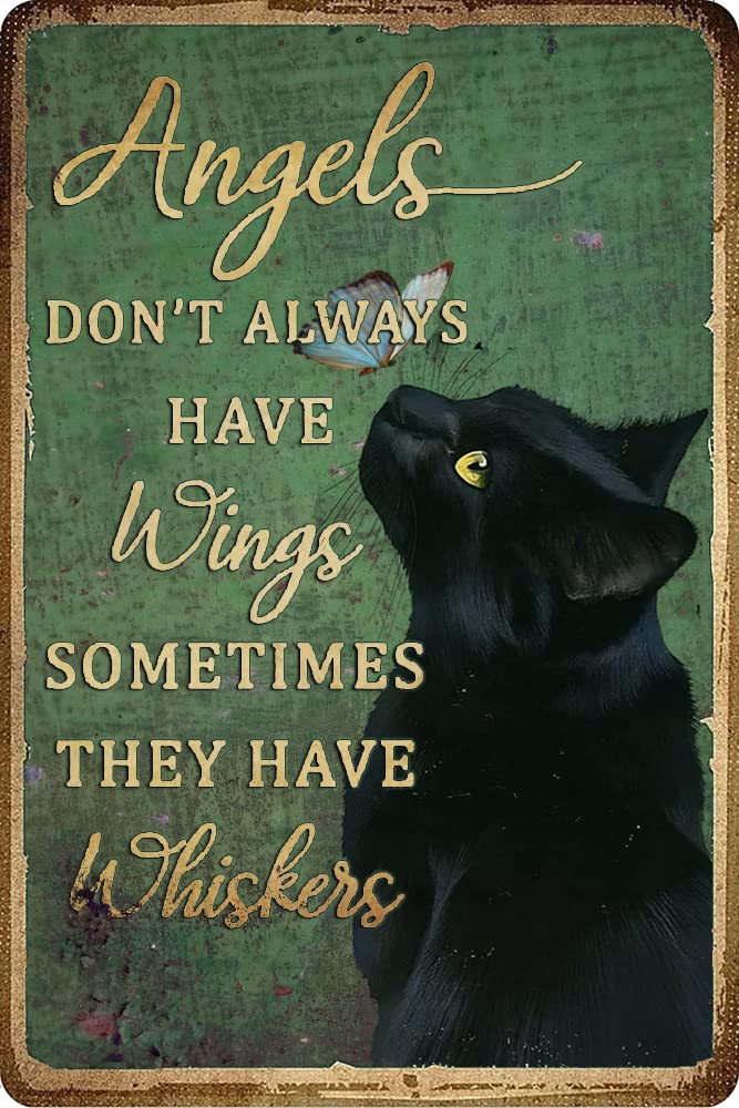 Angels Don't Always Have Wings Sometimes They Have Whiskers Tin Sign Vintage Floral Black Cat Sign Cat Lovers Gift Vintage Metal Sign Plaque Metal Home Wall Decoration 5.5x8 Inches