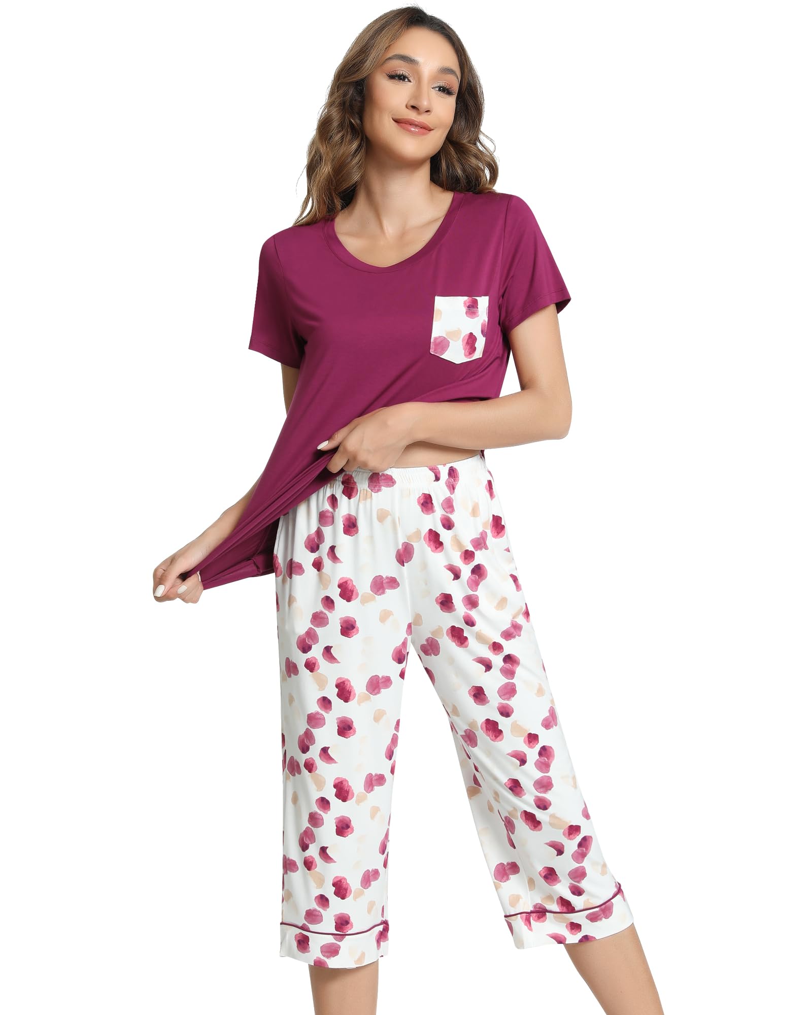 NACHILA Womens Pajamas-Viscose Made from Bamboo Short Sleeve Pleated Pj Top Soft Capri Pant Pajama Set Cool Sleepwear