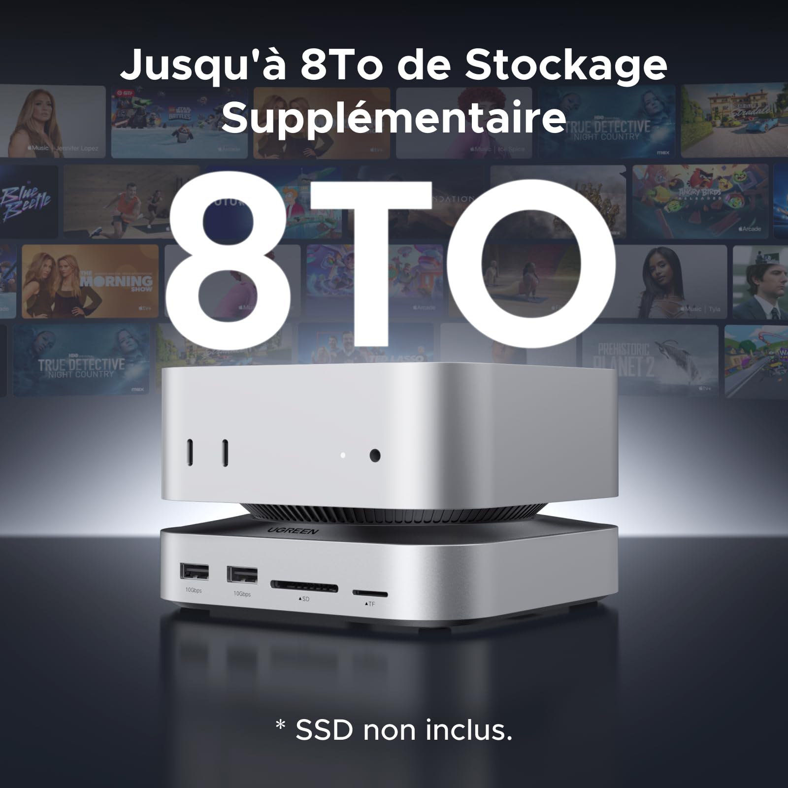 UGREEN Station d'accueil et Support Compatible avec Mac Mini M4 et M4 Pro 11 en 1 Docking Station Hub USB C avec Boîtier M.2 NVME SSD Lecteur de Carte SD TF 7 Ports USB 10Gbps ou 5Gbps