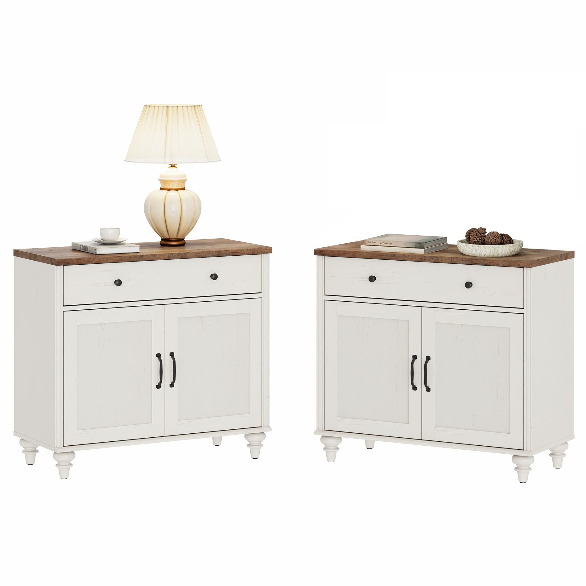 WAMPAT Farmhouse Nightstand with Ample Storage, Large Mid Century Modern Wood Bedside Table Night Stand, Wide Sofa Side End Table, Chest of Dresser for Living Room, Bedroom, White, 2 PCS