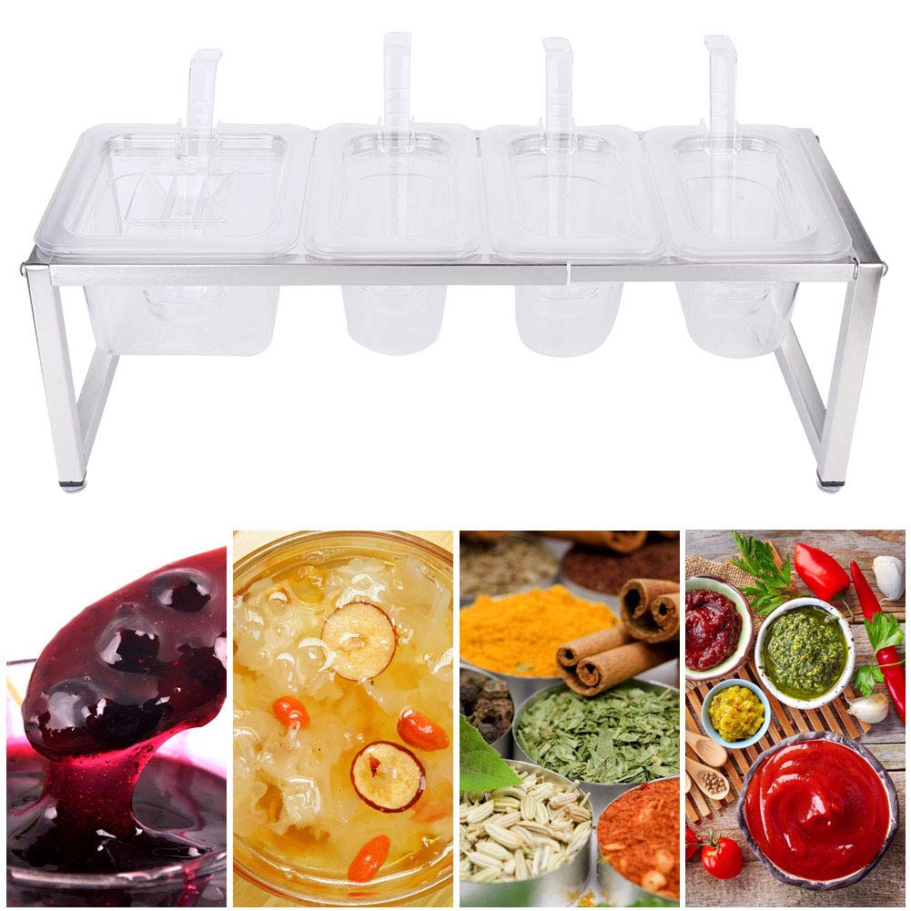 Juego de caja de condimentos transparente de cuatro rejillas, tarro con cuchara, recipiente de condimentos de acero inoxidable y acrílico para sal, comino, pollo en polvo,