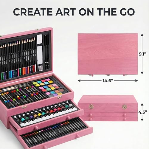 Miniatura 6 de Juego de arte de lujo de 175 piezas con 2 blocs de dibujo, pinturas acrílicas, lápices de colores, juego de pintura en estuche de madera, kit de