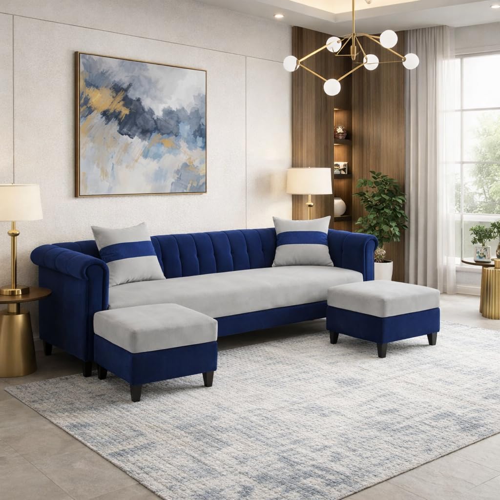 Ronaldo Dual Tone Plush Velvet 3 Seater Sofa Set | Silken Velvet Suede Upholstery | Designer Sofa for Compact Living Room & Office Spaces (Dark Blue-Light Grey)-image-45