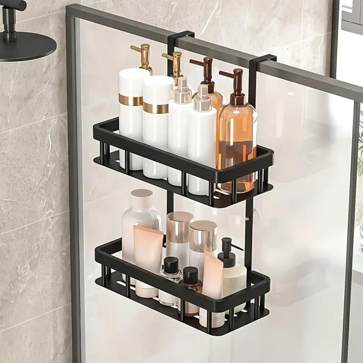 Over Door Shower Caddy Black Rustproof Bathroom Organizer 2-Tier Storage Rack 11 81x5 31 Inch Shelves No Drilling