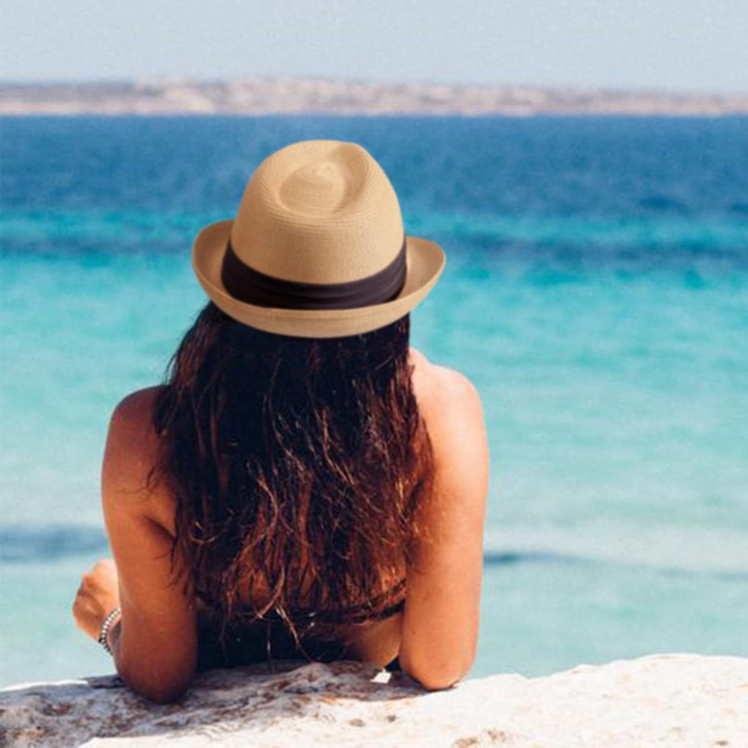 Summer Straw Fedora Hat for Women Men Travel Panama Hat with Wide Brim Roll Up Sun Hat for Beach Outdoor UPF 50+ - Image 6