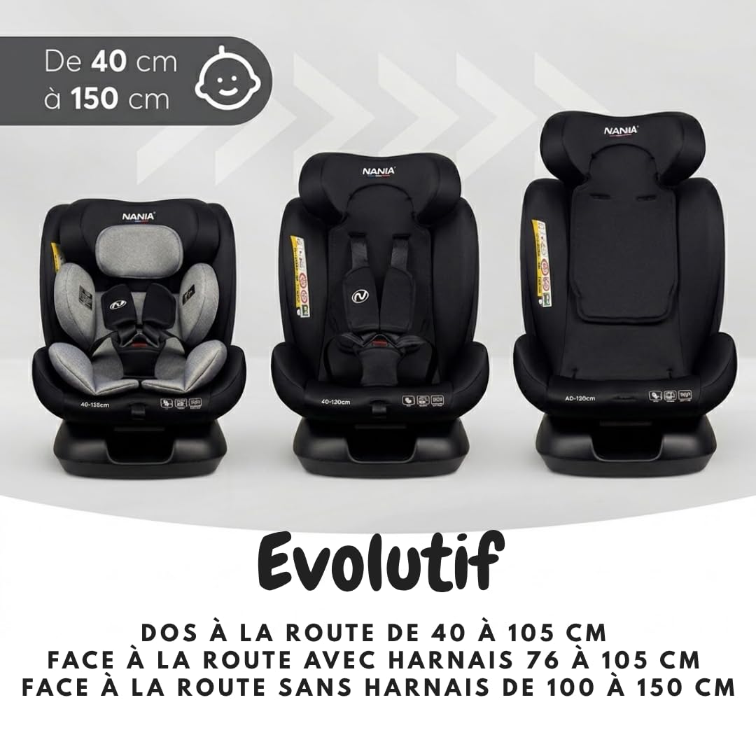 Nania Prato, seggiolino auto per bambini, I-Size, 40-150 cm, evolutivo dalla nascita, fino a circa 12 anni, fissaggio cintura di sicurezza, poggiatesta e inclinazione regolabili, supporto lombare e