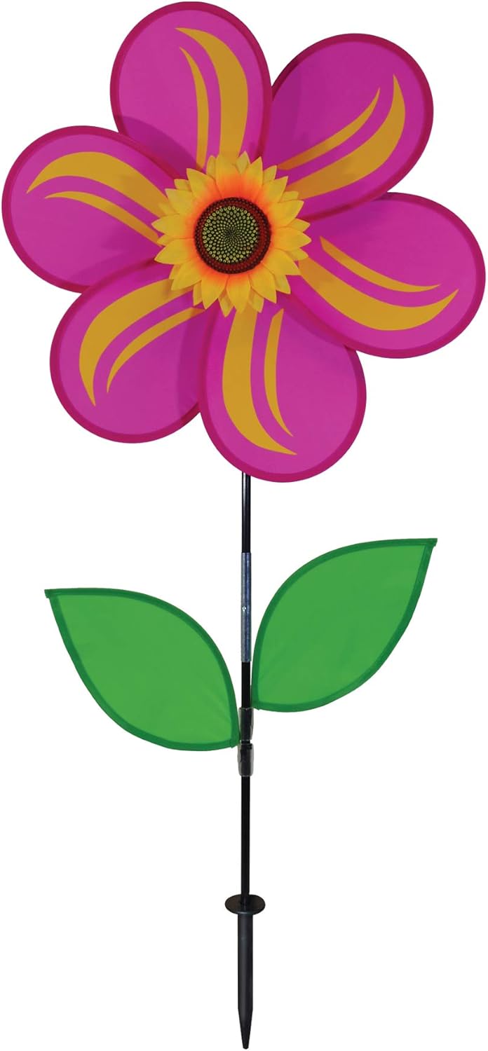 In the Breeze 2743 — 19-inch Teal Sunflower Wind Spinner with Leaves — Colorful Flower for Yard and Garden