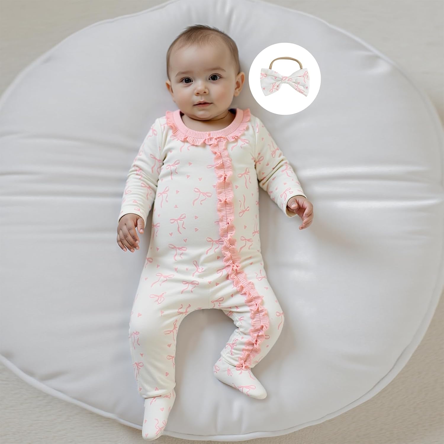 BULINGNA Newborn Baby Girl Coming Home Outfit Bow Print Jumpsuit Ruffle Zipper Footed One-Piece Romper Clothes with Headband - Image 2