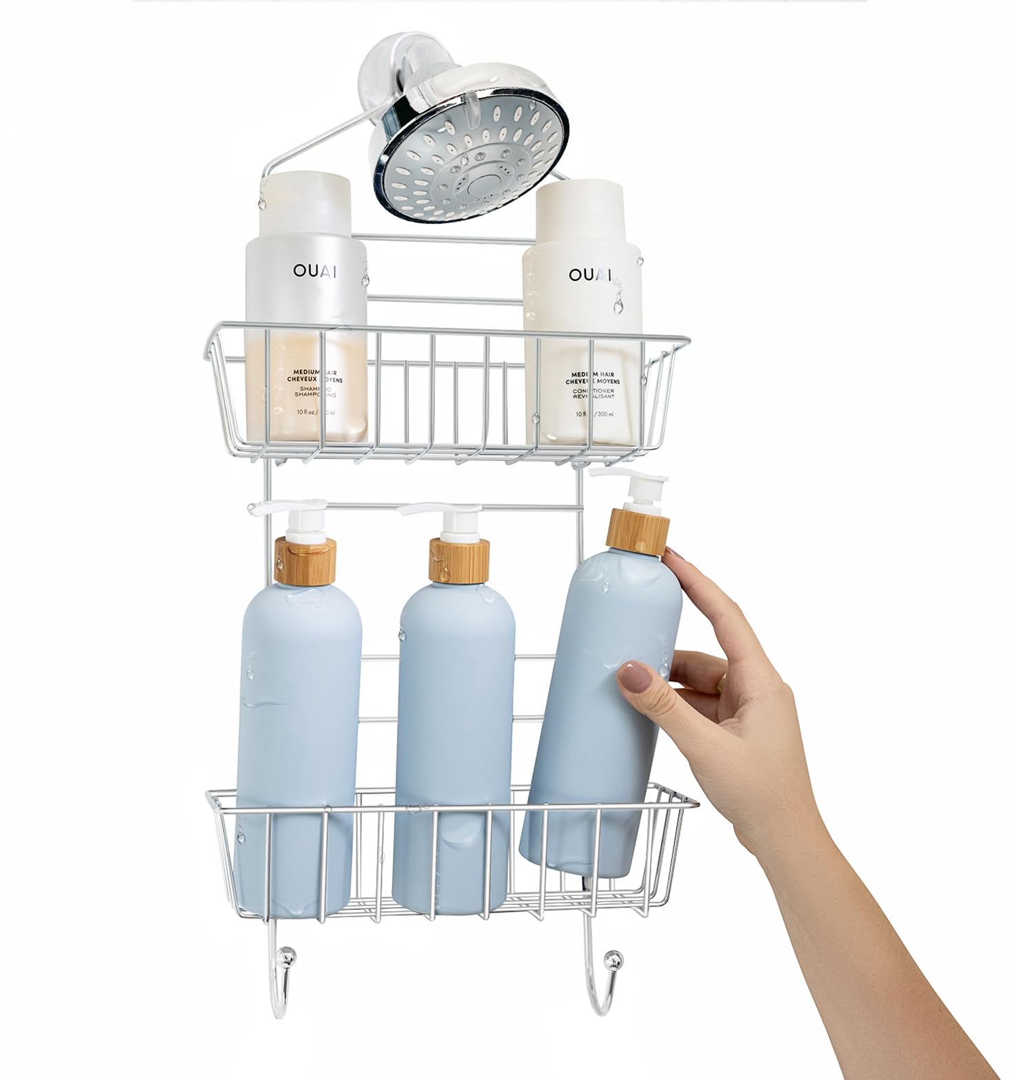 PLUMBOSS Hanging Shower Caddy Over Shower Head Organizer with Hooks for Towel Razor Spong Bathroom Shower Organizer Shampoo