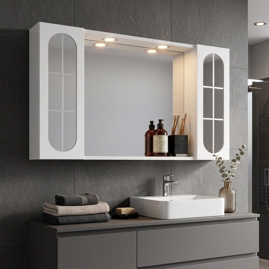 Kiamami Valentina Espejo de baño Inglesina con Dos armarios Laterales y focos LED Integrados