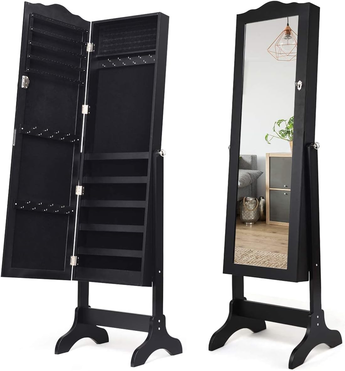 Giantex Jewelry Armoire with Full Length Mirror, Lockable Standing Jewelry Cabinet, Mirror with Jewelry Storage, Ring Earring Necklace Makeup Display, Jewelry Organizer Box for Women Girls, Black