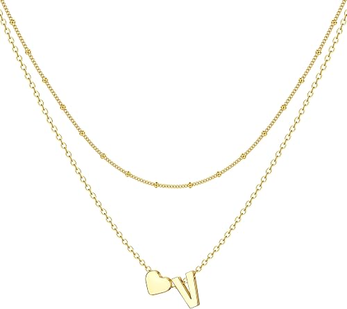 BodyBonita Collar Mujer con Inicial V en Forma de Corazón Chapado en Oro de 16 Q