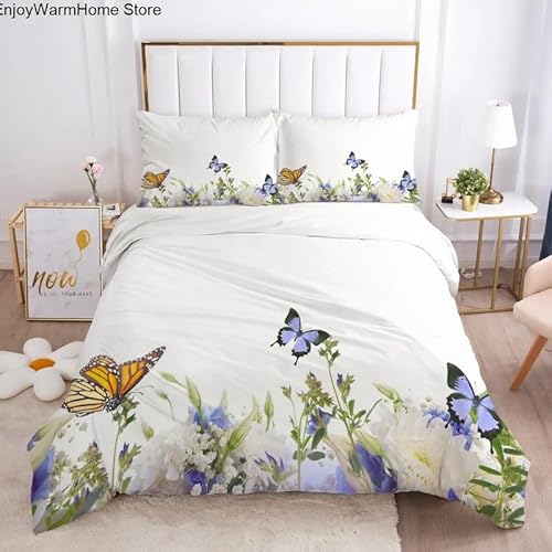 羽毛布団カバーセッ3dプリント寝具セッ,白い蝶大人布団カバー3点セッ,優しい肌触りマイクロファイバー柔らかい通気性,1掛け布団カバー190*210cmと2枕カバー43x63cm