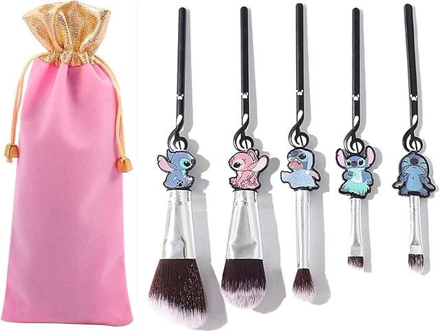 Boyigog 5Pcs Stitch Makeup Brushes with Storage Bag, Stitch Theme Cosmetic Brush for Powder Eyeshadow Blushes Lips Portable Makeup Brush Set, Lovely Stitch Gift for Girl Women
