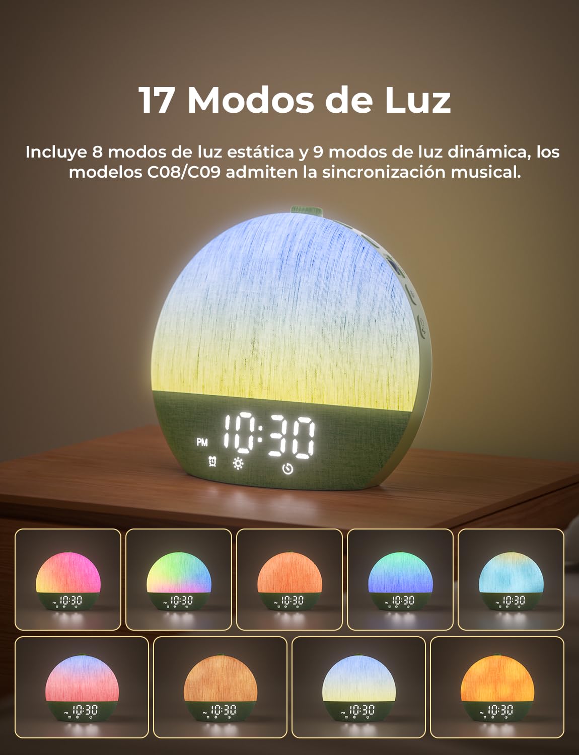 LIORQUE Despertador Amanecer, Despertador Luz Natural Simulación Amanecer | 17 Modos de Luz, 30 Sonidos Relajantes, Modo de Ayuda para Dormir, Conexión Bluetooth, Función Alarma y Snooze