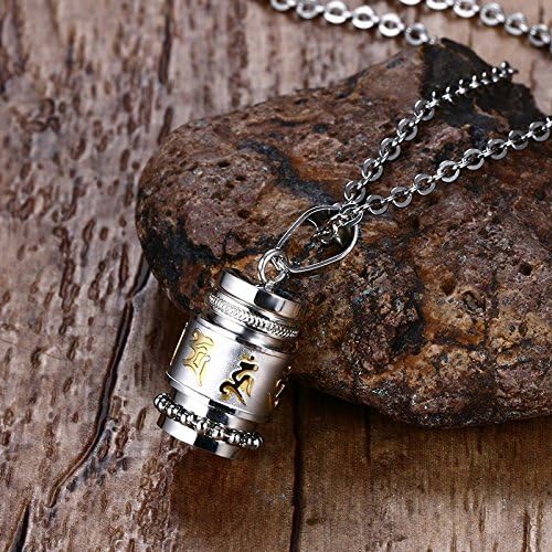 Rockyu Cylinder Ashes Necklace for Men Stainless Steel Gold and Silver Prayer Wheel Pendant Buddhism Mantra Cremation Urn Jewelry Keepsake 20 Inch Chain - Image 4
