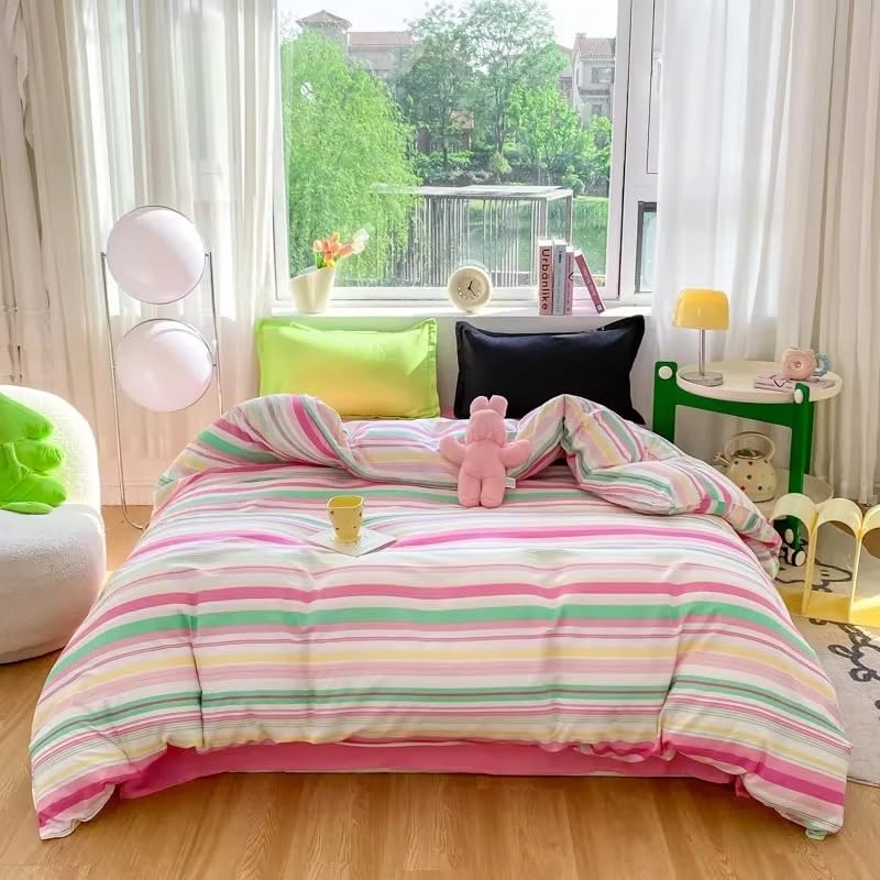 Housse de couette simple 140x200 en microfibre douce rose parure de lit réversible géométrique