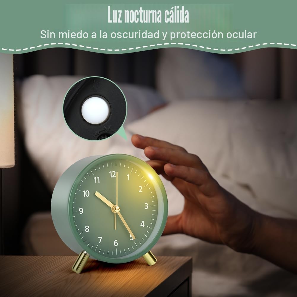 HOTUT Reloj Despertador de Metal Redondo de Moda, Reloj Despertador Redondo Minimalista de Metal, Analógico Silencios, Moderno de mesita de Noche, sin Tictac