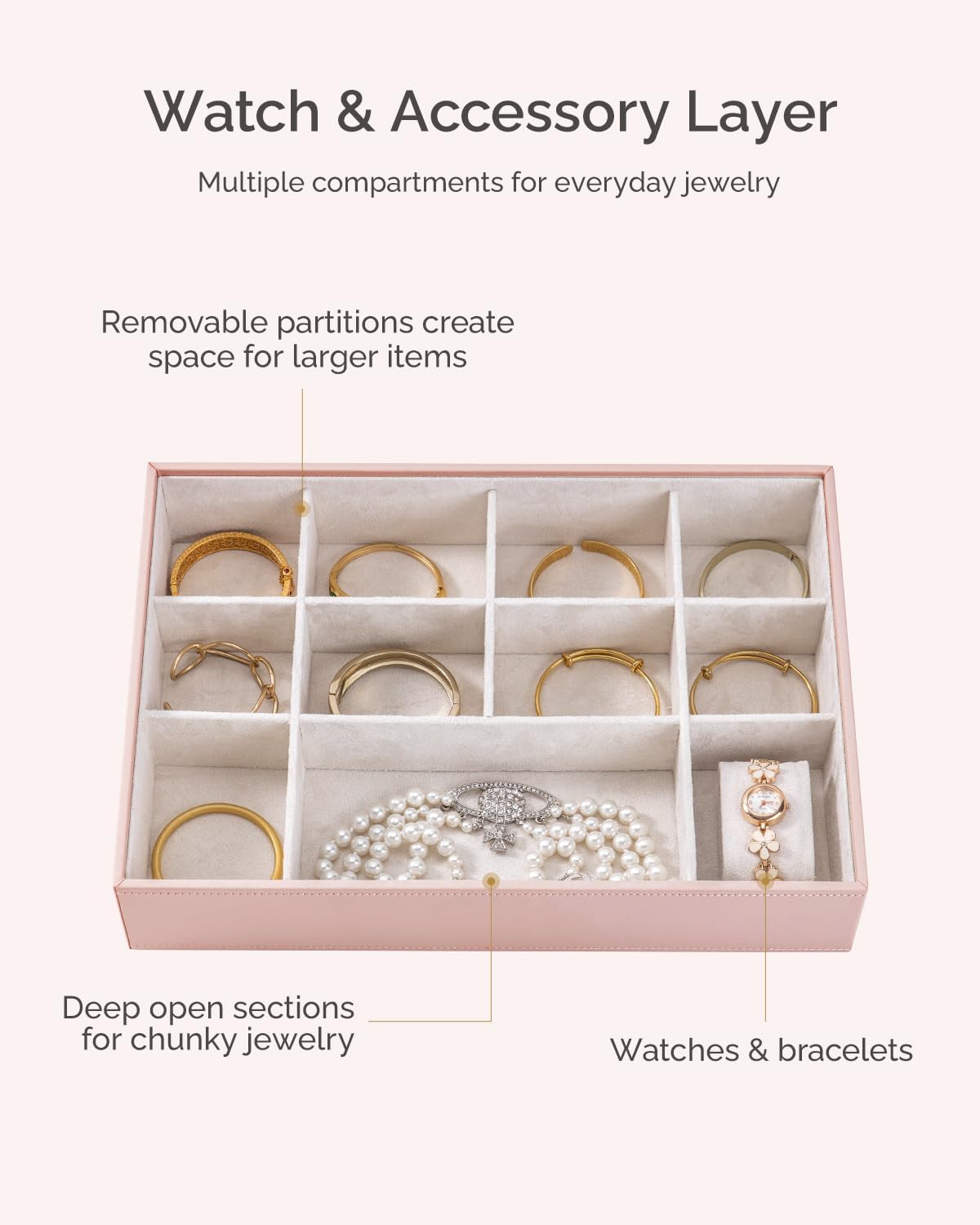 CASEGRACE Stackable Jewelry Tray with Lid, 3-Tier Jewelry Tray, Drawer Jewelry Organizer, Jewelry Display Box Case for Earring Necklace Ring Watch Bracele, Set of 3, Pink