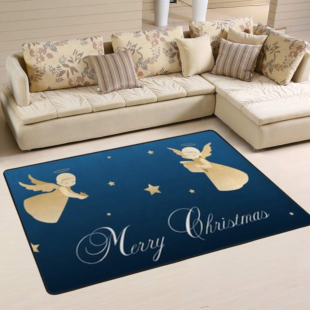 Tapis de salon Joyeux Noël grand tapis bleu petits anges