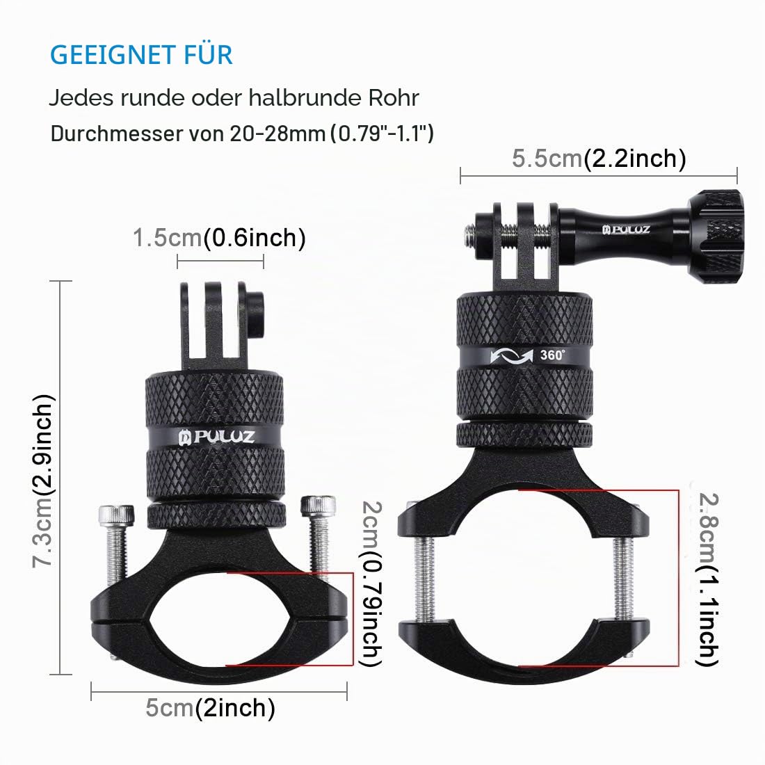 PULUZ Action cam fahrradhalterung for Gopro Hero 12 11 10 9 8 7 & DJI OSMO & insta360 x3, 360 Grad Rotary Lenkerhalterung 360-Grad-Aluminiumlegierung zubehör Fahrrad Motorrad Halterung rohrklemme